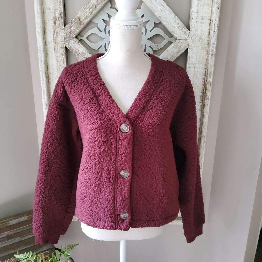 Andrew Marc Sport Women's Faux Shearling Button Front Teddy Cardigan in Burgundy